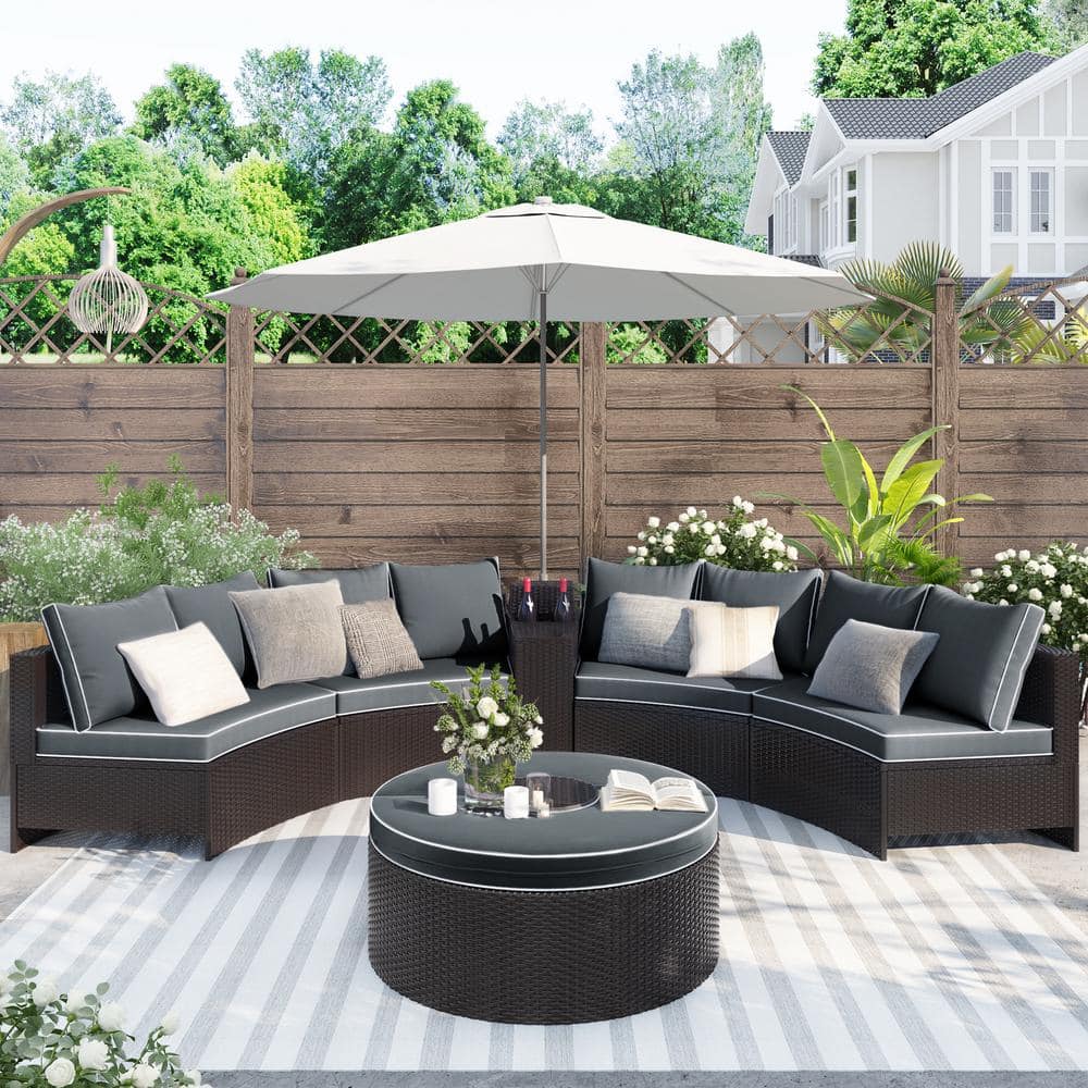 Brown 6-Pieces Wicker Outdoor Half Round Sectional Set with Table and Gray  Cushions FF-N1014-L - The Home Depot