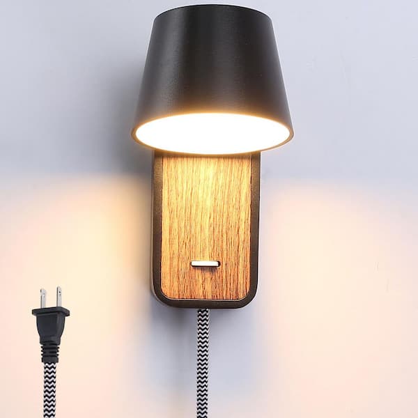 3.5 in. 1 Light Plug in E26 Wall Sconces with Black Shade and Switch, Industrial Adjustable Head Wood Base Wall Lamp