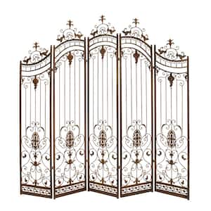 7 ft. Bronze 5 Panel Hinged Foldable Arched Partition Room Divider Screen with Relief Acanthus Design