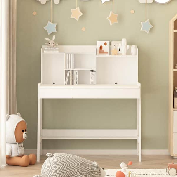 YOFE Modern Classic 2-Piece Wood Top Round Edge White Height Adjustable Kids Desk and Chair Set with Storage Shelves