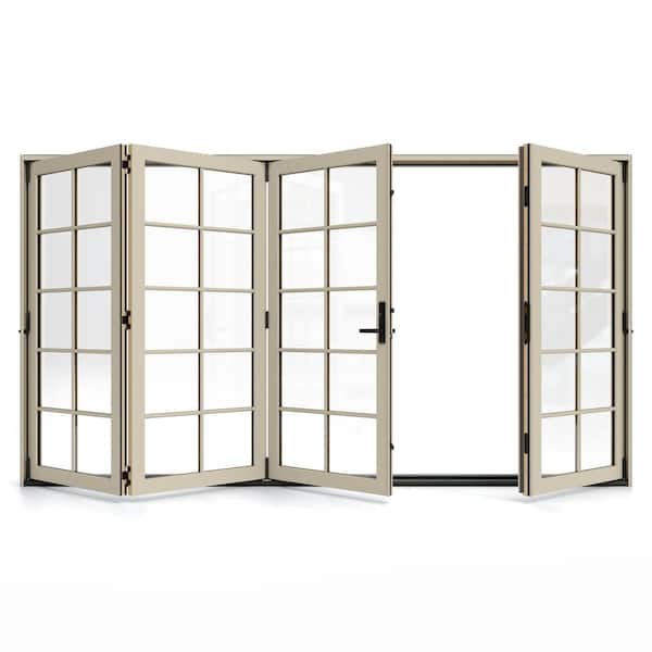 JELD-WEN W5500 124 in. x 80 in. Desert Sand RightHand/Outswing Aluminum CladWood 4-Panel Prehung Folding Patio Door w/10Lite Grid