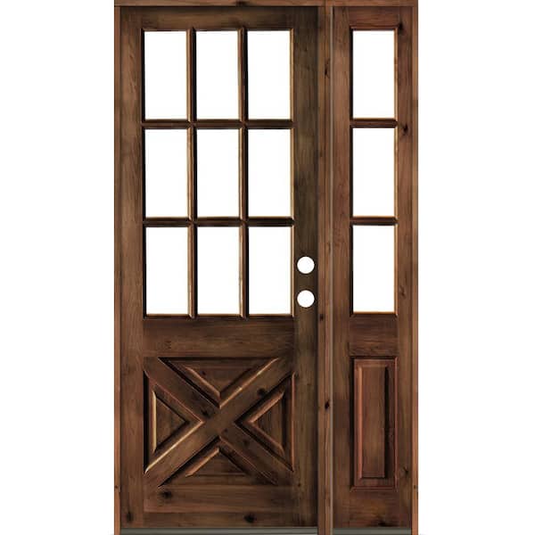 Krosswood Doors 56 in. x 96 in. Alder 2-Panel Left-Hand/Inswing Clear Glass Red Mahogany Stain Wood Prehung Front Door w/Right Sidelite