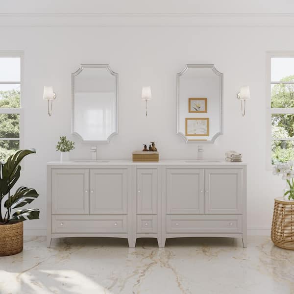 Oxford 84 in. Double Vanity in Antique White with Quartz Stone Vanity Top in White with White Basin with Side Cabinet