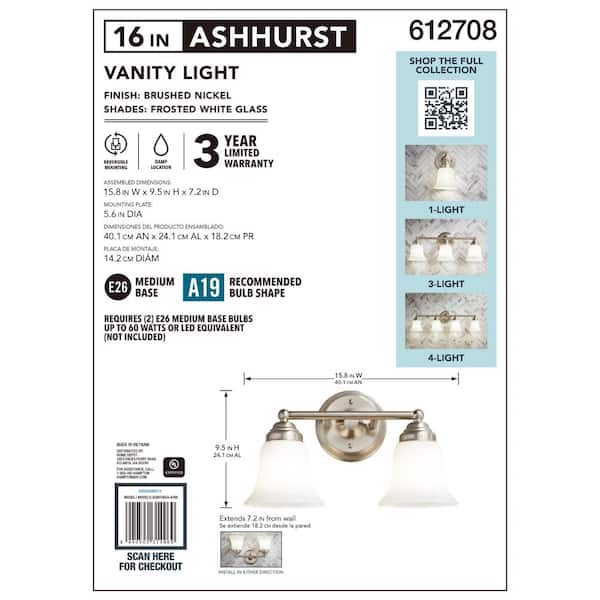 Hampton Bay Ashhurst 2-Light Brushed Nickel Vanity Light with