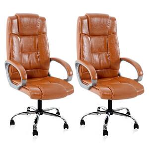 Faux Leather Adjustable Height High Back Executive Office Chair in Caramel Set of 2
