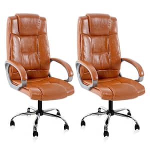 Faux Leather Adjustable Height High Back Executive Office Chair in Caramel Set of 2