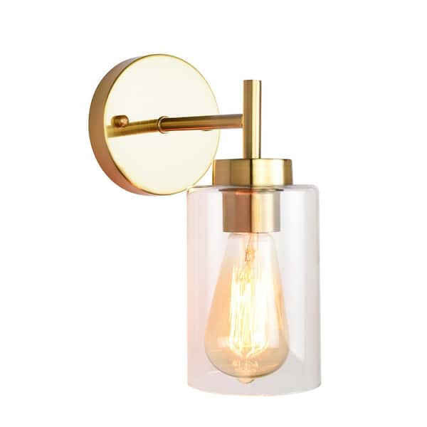 7.4 in. 1-Light Gold Modern Dimmable Wall Sconce Bathroom Vanity-Light with Clear Glass Shade