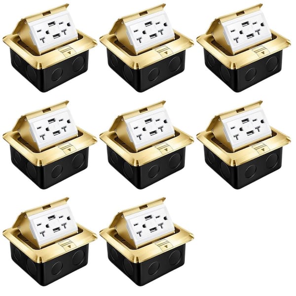 Gold 20A Weatherproof, Tamper Resistant Pop up Floor, Counter Top Outlet Kit with 2-Outlets. 2 USB-A Ports - (8-Pack)