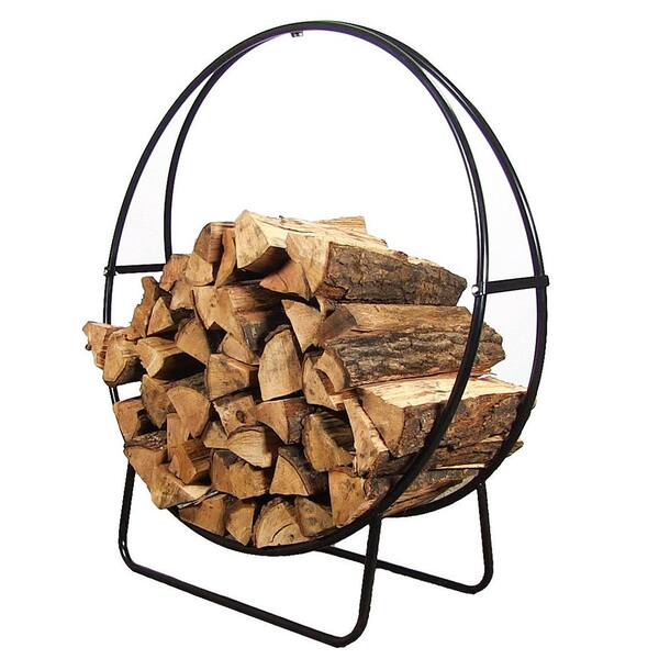 Sunnydaze Firewood Log Hoop Holder with Khaki Cover Outdoor Black Steel 24" 