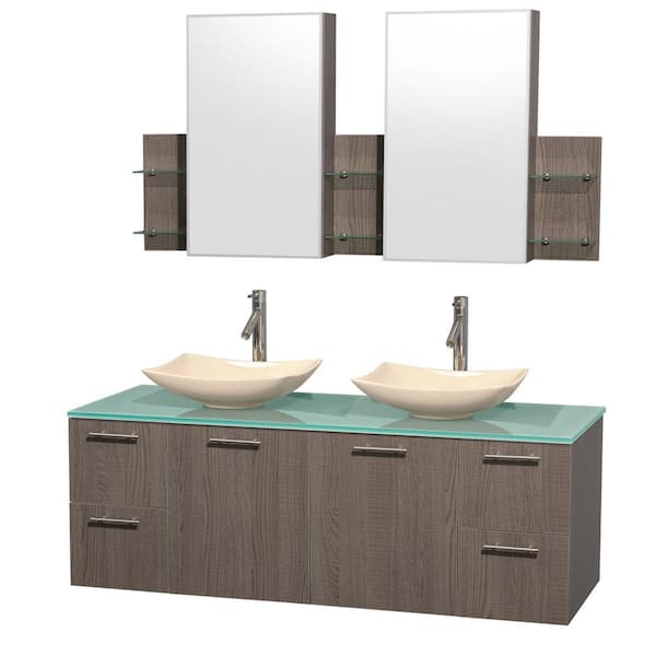 Wyndham Collection Amare 60 in. Double Vanity in Gray Oak with Glass Vanity Top in Green, Marble Sinks and Medicine Cabinet