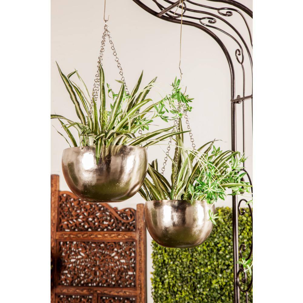 Set of 2 Silver Iron Hanging Planters with Chains