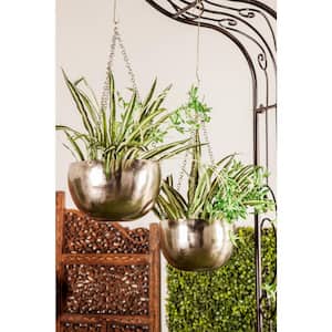 6in. Small Silver Metal Indoor Outdoor Hanging Dome Wall Planter with Chain (2- Pack)
