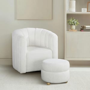 Avina White Boucle Fabric Upholstery Swivel Arm Chair with Ottoman