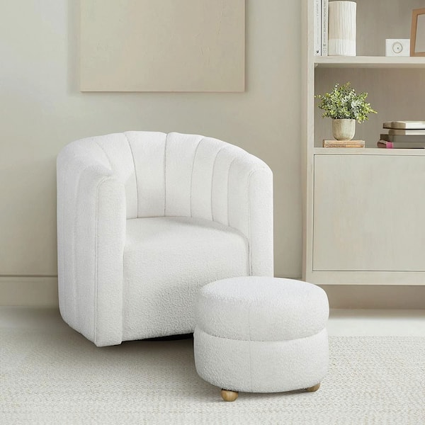 Avina White Boucle Fabric Upholstery Swivel Arm Chair with Ottoman
