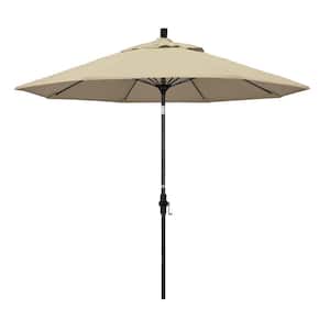 9 ft. Matted Black Aluminum Market Patio Umbrella with Collar Tilt Crank Lift in Antique Beige Sunbrella