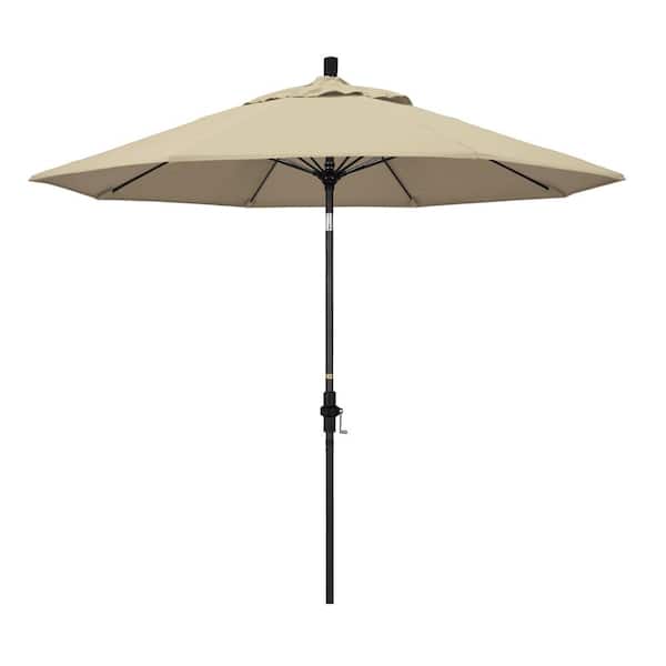 California Umbrella 9 ft. Matted Black Aluminum Market Patio Umbrella with Collar Tilt Crank Lift in Antique Beige Sunbrella