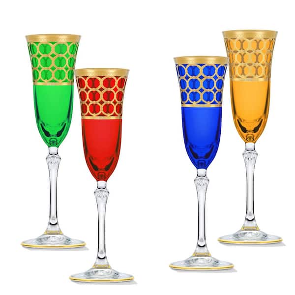 Lorren Home Trends 5 oz. Multicolor with Gold Rings Champagne Flute Stem Set (Set of 4)