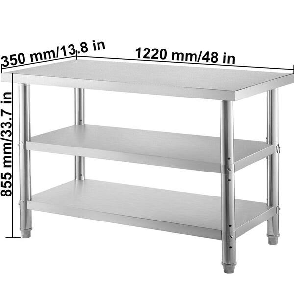 VEVOR Stainless Steel Prep Table 48x18x33 in Commercial Stainless Steel Table 2 Adjustable Undershelf BBQ Prep Table Heavy Duty Kitchen Work Table