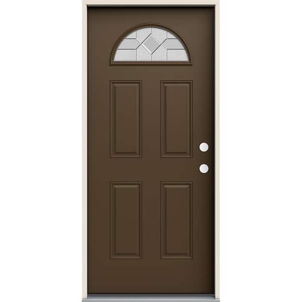 JELD-WEN 36 in. x 80 in. Left-Hand Fan Lite Caldwell Decorative Glass Dark Chocolate Steel Prehung Front Door