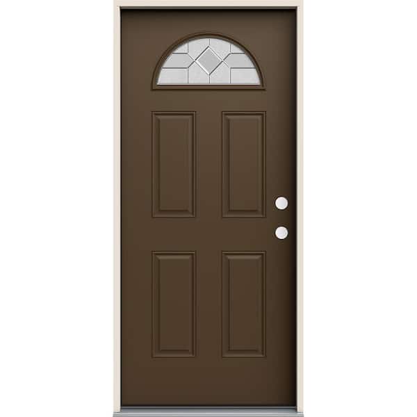 36 in. x 80 in. Left-Hand Fan Lite Caldwell Decorative Glass Dark Chocolate Steel Prehung Front Door