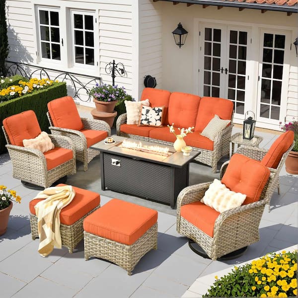Gerbera E 9-Piece Wicker Patio 54 in. Fire Pit Conversation Set with Swivel Rocking Chairs and Orange Red Cushions