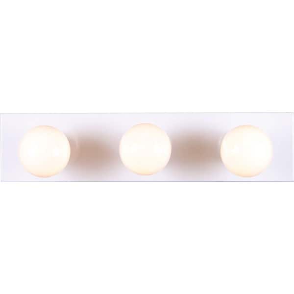 Volume Lighting 3-Light Indoor White Movie Beauty Makeup Hollywood Bath or Vanity Light Bar Wall Mount or Wall Sconce