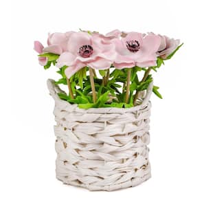 10 in. Artificial Floral Arrangements Anemone Assorted Flowers in White Basket Color: Pink