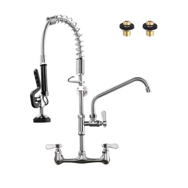 25 in. H Commercial Wall Mount Triple Handle Pull Down Sprayer Kitchen Faucet with Pre-Rinse Sprayer in Brushed Nickel