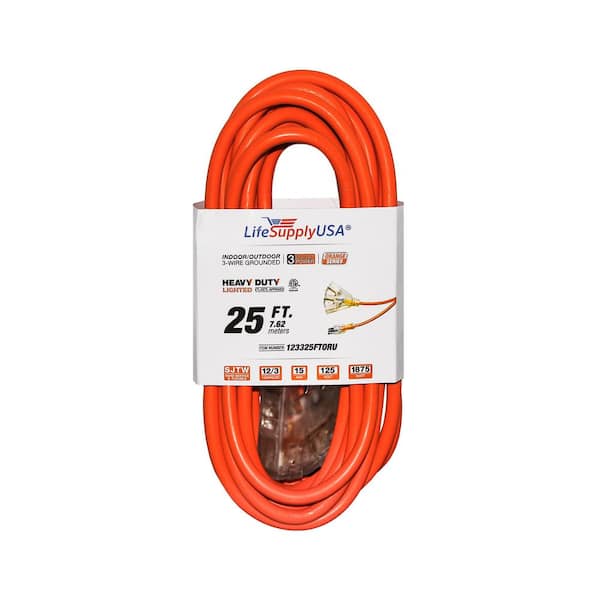 LifeSupplyUSA 25 ft. 12-Gauge/3 Conductors, 3-Outlet 3-Prong, SJTW Indoor/Outdoor Extension Cord with Lighted End Orange (1-Pack)