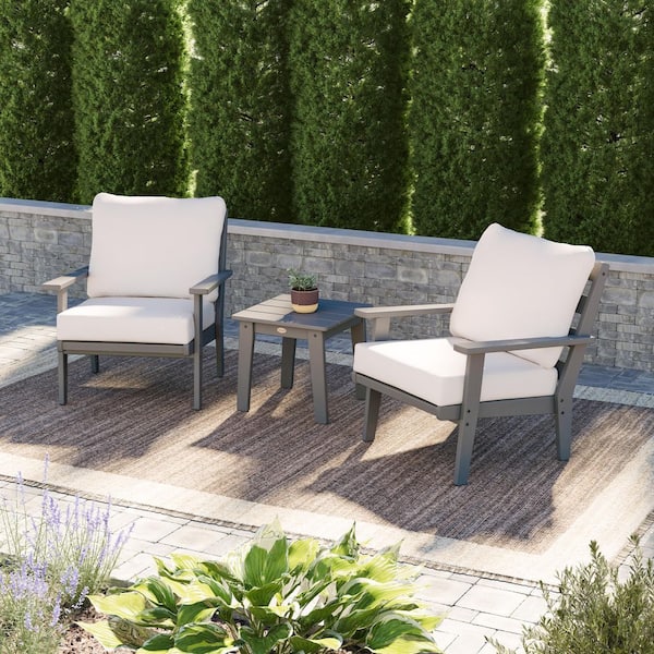 POLYWOOD Grant Park Slate Grey 3-Piece Plastic Patio Conversation Deep Seating Set with Natural Linen Cushions