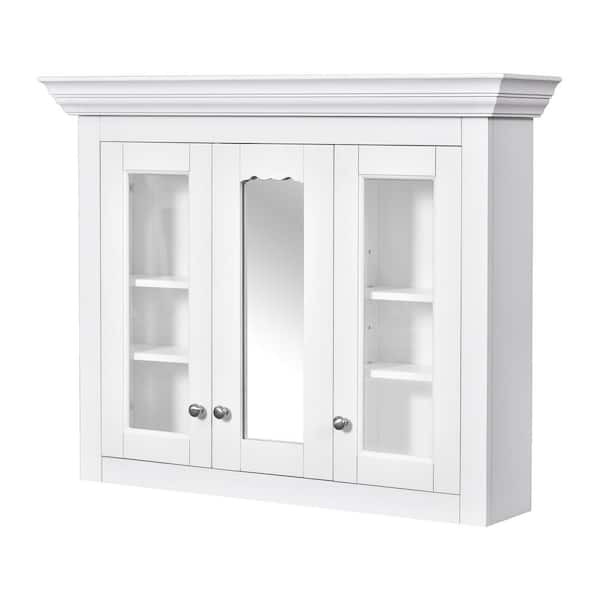 35 in. W x 28 in. H Rectangular White Surface Mount Medicine Cabinet with Mirror, Adjustable Shelves, Solid Wood Frame