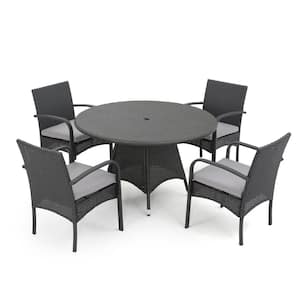 Nasir Grey 5-Piece Faux Rattan Circular Outdoor Dining Set with Grey Cushion