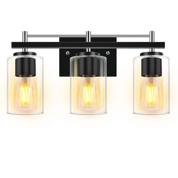 Farmhouse 17.3 in. 3-Light Chrome and Black Bathroom Vanity Light with Glass Shade