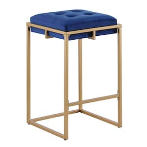 21 in. Blue and Gold Backless Metal Frame Counter Stool with Velvet Seat