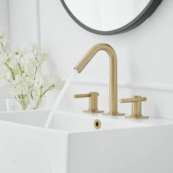 Double Handle 8 in. Widespread Bathroom Faucet with Drain Kit Included, 3 Hole Bathroom Sink Faucet in Brushed Gold