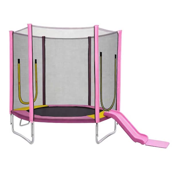 Pink Steel Outdoor 7 FT Trampoline with Safety Enclosure Net, Slide and Ladder
