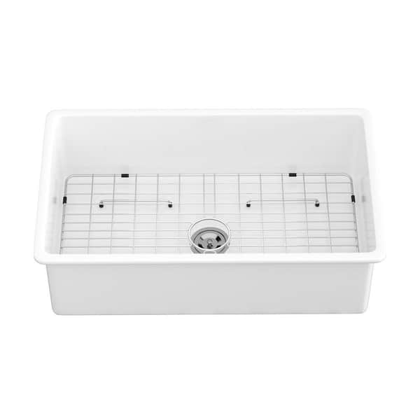 Unbranded 32 in. Undermount Single Bowl White Ceramic Kitchen Sink with Bottom Grids
