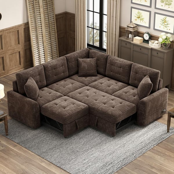 Harper & Bright Designs 82.6 in. L Shaped Corded Velveteen Modern Sectional Sofa Pull-out Sleeper Sofa in. Brown with USB Ports, Power Sockets