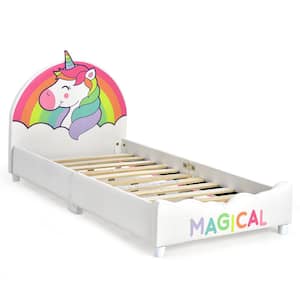 White Kids Upholstered Platform Bed Children Twin Size Wooden Bed Unicorn Pattern