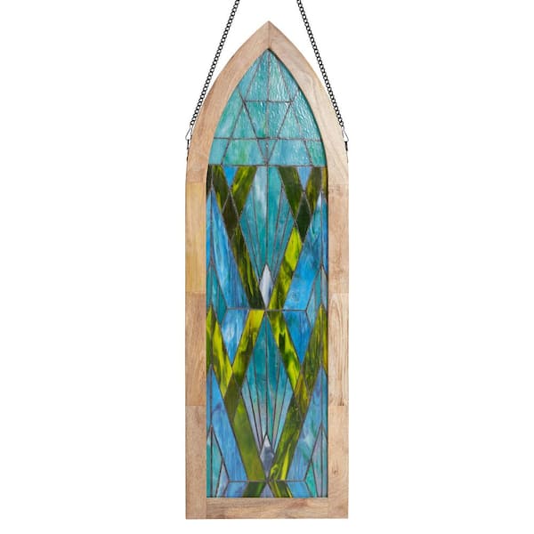 River of Goods Victorian Aqua Geometric Cathedral Stained Glass Window Panel