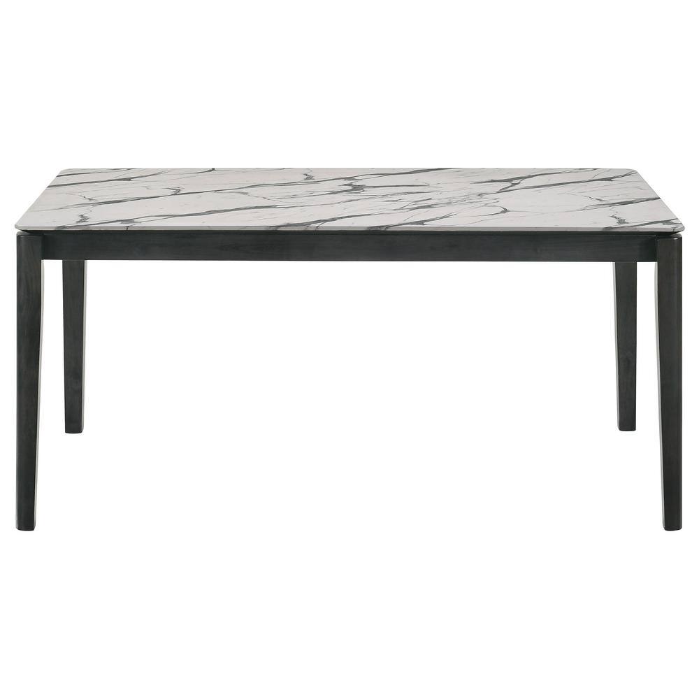 White Faux Marble Top Rectangular Dining Table with Black Legs