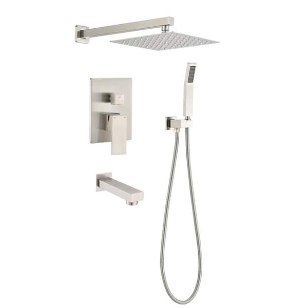 Satico 1-Spray Patterns with 2.5 GPM 12 in. Wall Mount Fixed Shower Head Set with Tub Spout in Brushed Nickel