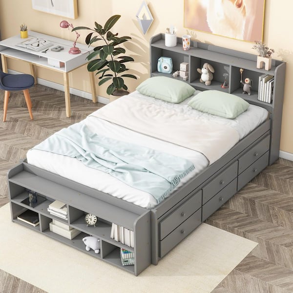 Gray Wood Frame Full Size Platform Bed with Bookcase Headboard and Storage Drawers