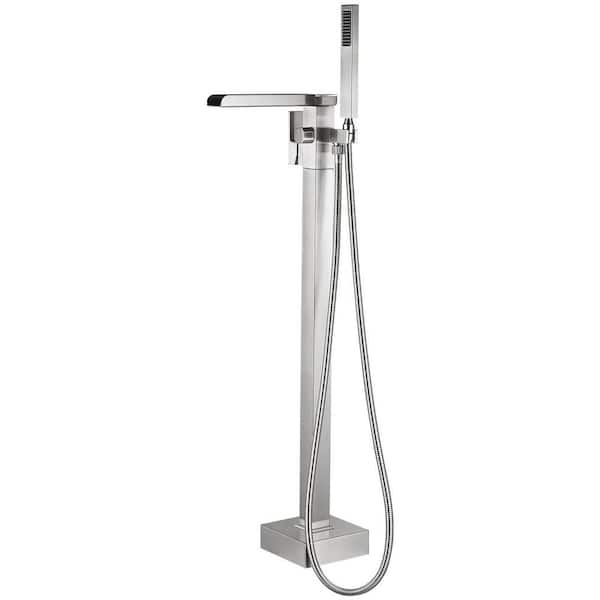 1-Handle Waterfall Freestanding Claw Foot Tub Faucet with Hand Shower in Brushed Nickel