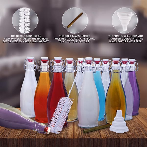 17 oz. Glass Bottles with Swing Top Stoppers, Bottle Brush, Funnel, and Gold Glass Marker (Set of 6)