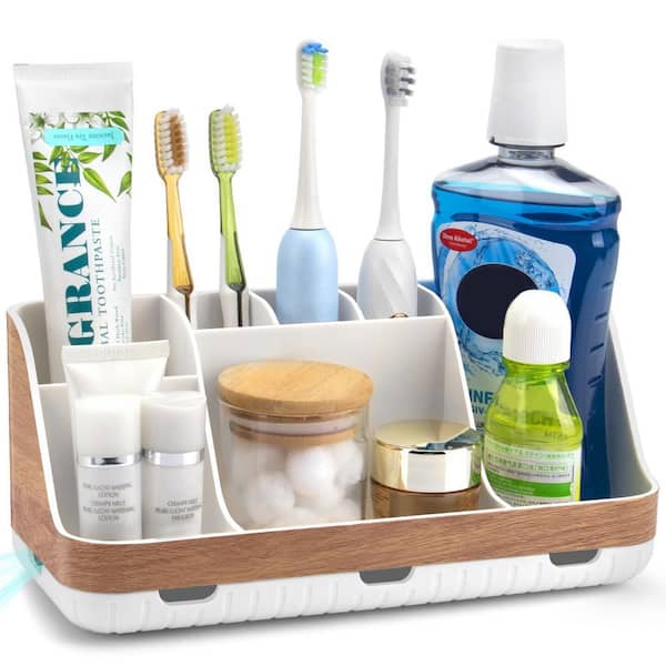 1-Pack Superior Organizer Wood Bathroom Countertop Organizer with 2-Tiers 7-Slots Detachable Drainage Antislip in Beige