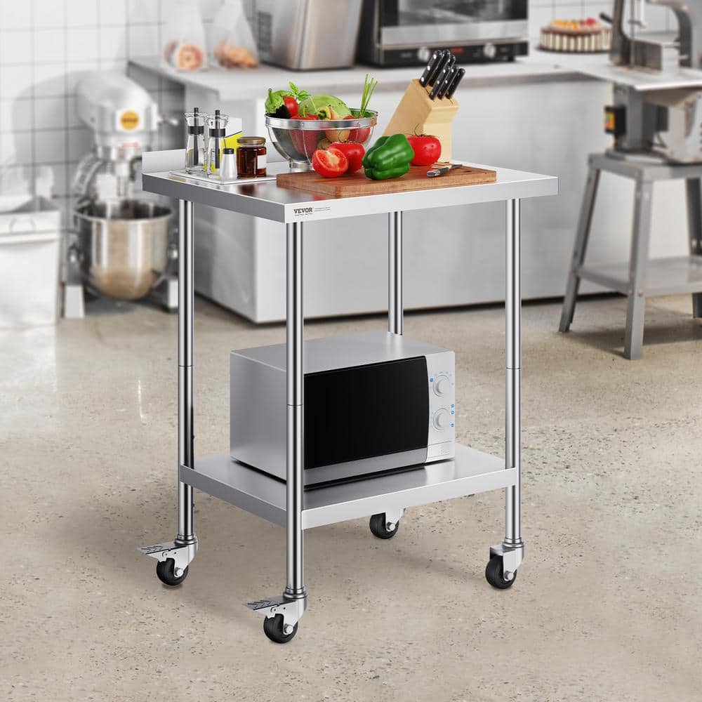 Silver Stainless Steel Adjustable Height Kitchen Prep Table with Casters