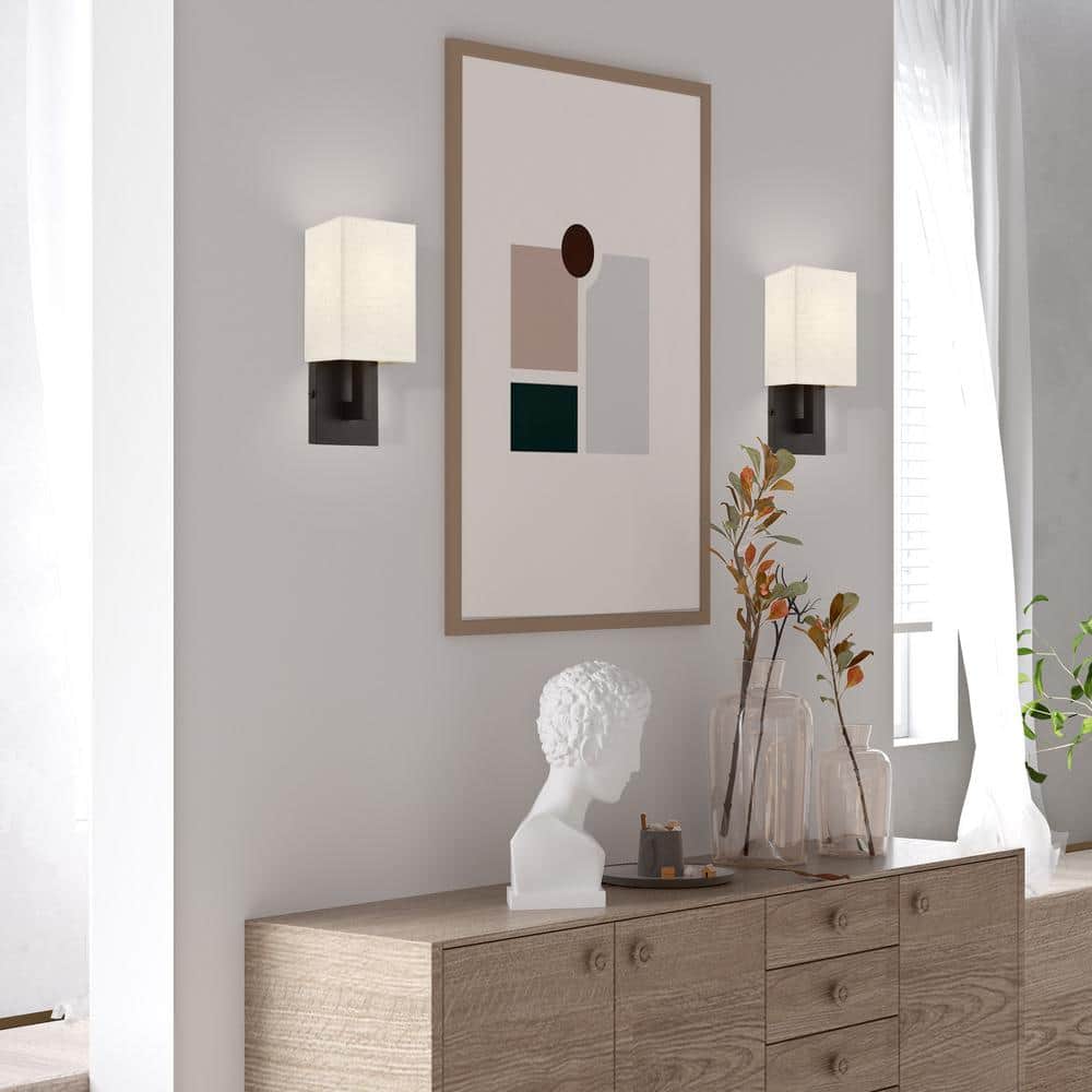 English Bronze Wall Sconce with Oatmeal Fabric Shade