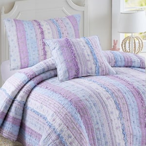 Lavender Orchid Ruffle 3-Piece Purple Floral Stripe Cotton Twin Bedding Set with Decor Pillow Twin Quilt Set