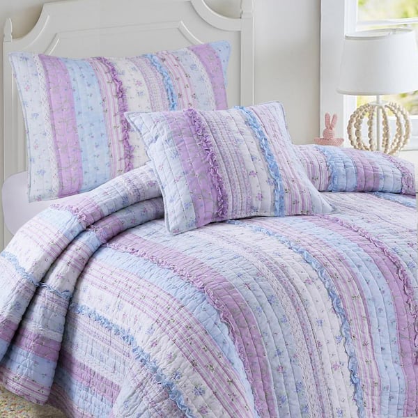 Cozy Line Home Fashions Lavender Orchid Ruffle 3-Piece Purple Floral Stripe Cotton Twin Bedding Set with Decor Pillow Twin Quilt Set
